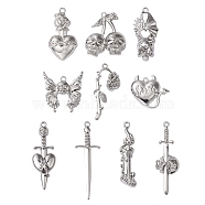 10Pcs 10 Style Halloween Theme Rack Plating Alloy Pendants, Mixed Shapes, Platinum, 22.5~50.5x11~28x4~7mm, Hole: 1.8~2mm, 1pc/style(FIND-YW0003-84)