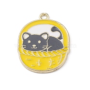 Alloy Enamel Pendants, Golden, Cat with Basket Charm, Yellow Green, 31.5x23.5x1.5mm, Hole: 2mm(ENAM-R137-02G-04)