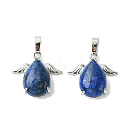 Natural Lapis Lazuli Pendants, Teardrop Charms with Rack Plating Platinum Plated Brass Wings, Cadmium Free & Lead Free, Cadmium Free & Lead Free, 22~22.5x24.5x8~9mm, Hole: 7x5mm(G-C114-05P-01)