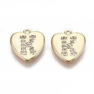 Brass Micro Pave Clear Cubic Zirconia Charms, Nickel Free, Real 18K Gold Plated, Flat Heart, Letter.K, 10x10x1mm, Hole: 1mm(KK-N231-234K-NF)