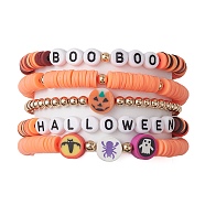 5Pcs 5 Styles Halloween Synthetic Non-magnetic Hematite & Polymer Clay Beaded Stretch Bracelet Sets, Bat & Pumpkin Stackable Bracelets, Orange, Inner Diameter: 2-1/8 inch(5.5cm), 1pc/style(BJEW-JB10733)