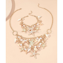 Alloy & Natural Shell & Plastic Pearl Pendant Necklaces & Bracelets Sets, Starfish, Golden, 465mm(FS-WG6B6AD-01)