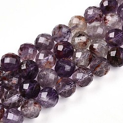 Natural Purple Lodolite Quartz/Purple Phantom Quartz Beads Strands, Round with Faceted, 9.5~10x9.5~10mm, Hole: 1mm, about 40pcs/strand, 15.35''(39cm)(G-T140-21C)