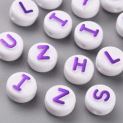 Opaque White Acrylic Beads, with Glitter Powder, Horizontal Hole, Flat Round with Random Letters, Blue Violet, 10x6mm, Hole: 2mm, about 1560pcs/500g(MACR-N008-45B)