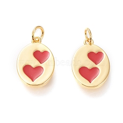Real 18K Gold Plated Brass Charms, with Enamel and Jump Rings, Long-Lasting Plated, Oval with Heart, Red, 15.3x10.3x1.5mm, Jump Ring: 4x0.5mm, 3mm Inner Diameter(KK-L006-030G)