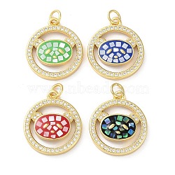 Brass Micro Pave Clear Cubic Zirconia Pendants, with Enamel, Shell and Jump Ring, Real 18K Gold Plated, Flat Round with Bear, Mixed Color, 20.5x18x3.2mm, Hole: 3.6mm(KK-C045-17G)