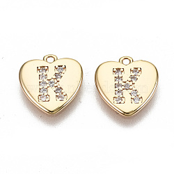 Brass Micro Pave Clear Cubic Zirconia Charms, Nickel Free, Real 18K Gold Plated, Flat Heart, Letter.K, 10x10x1mm, Hole: 1mm(KK-N231-234K-NF)