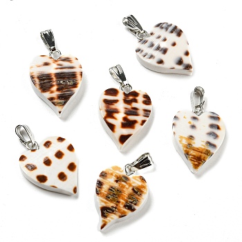 Natural Spiral Shell Pendants, Heart Charms with Platinum Plated Alloy Snap on Bails, Coconut Brown, 19x14x4mm, Hole: 5.5x2mm