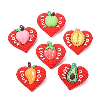 PVC Plastic Pendants, Heart with Fruits & Word Love You Chamrs, Red, 41.5~45x46.5~48x19~21.5mm, Hole: 2mm