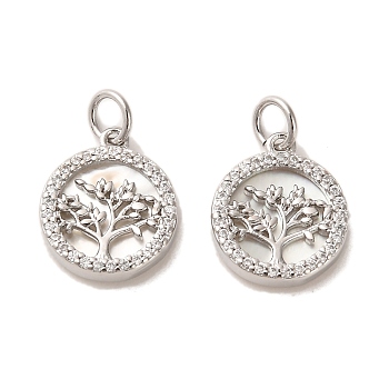 Brass Micro Pave Cubic Zirconia Pendants, with Shell, Flat Round with Tree, Real Platinum Plated, 14x12x3mm, Hole: 3mm