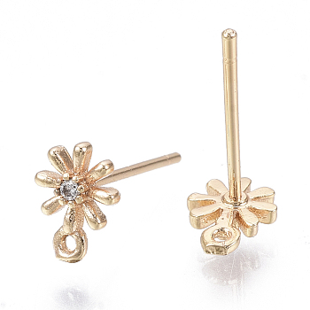 Brass Micro Cubic Zirconia Stud Earring Findings, with Loop, Real 18K Gold Plated, Nickel Free, Flower, Clear, 8x6mm, Hole: 0.7mm, Pin: 0.8mm