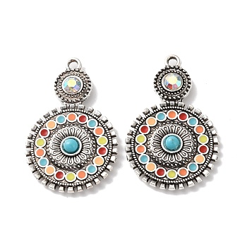 Bohemia Tibetan Style Alloy & Enamel & Acrylic & Rhinestone Pendants, Flat Round Charms, Antique Silver, Colorful, 34x21x4mm, Hole: 1.8mm