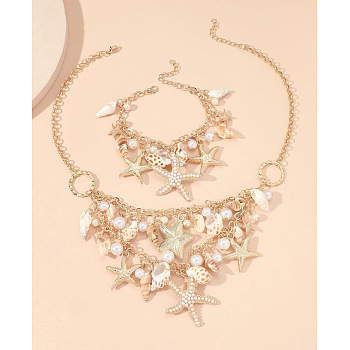 Alloy & Natural Shell & Plastic Pearl Pendant Necklaces & Bracelets Sets, Starfish, Golden, 465mm