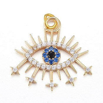 Brass Micro Pave Cubic Zirconia Pendants, with Jump Rings, Eye, Blue, Real 18K Gold Plated, 19.7x21.1x2mm, Jump Ring: 4.4x0.6mm, Hole: 3.2mm