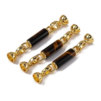 Rack Plating Brass and Tiger Eye Flod Over Clasps, Column, Real 18K Gold Plated, 52mm