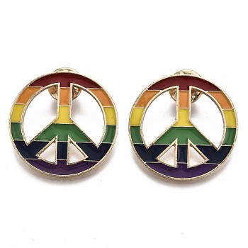 Alloy Brooches, Enamel Pin, with Brass Butterfly Clutches, Rainbow Peace Sign, Light Gold, Colorful, 34x2mm, Pin: 1mm