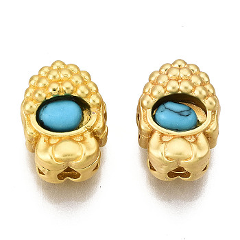 4-Hole Synthetic Turquoise Beads, Dyed, with Brass Findings, Hollow, Matte Gold Color, Sky Blue, 10.5x7.5x6.5mm, Hole: 2mm