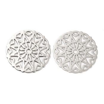 Long-Lasting Plated Brass Filigree Joiners, Etched Metal Embellishments, Flat Round with Flower, Platinum, 18x0.3mm, Hole: 1.5mm