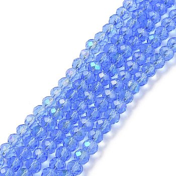 Electroplate Glass Beads Strands, Half Rainbow Plated, Faceted, Rondelle, Cornflower Blue, 8x6mm, Hole: 1mm, about 63~65pcs/strand, 39~40cm