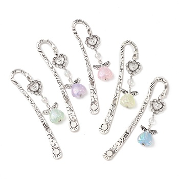 Tibetan Style Alloy Hook Bookmarks, with Luminous Acrylic Heart & Alloy Cross, Angle Pendant Bookmark, Mixed Color, 122x22.5x2.5mm