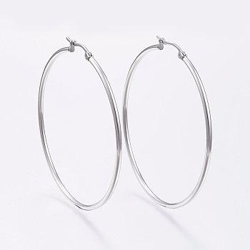 304 Stainless Steel Big Hoop Earrings, Hypoallergenic Earrings, Ring Shape, Stainless Steel Color, 12 Gauge, 59~61x2mm, Pin: 0.7~1.3x0.68mm