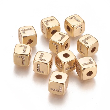 Brass Micro Pave Cubic Zirconia Beads, Horizontal Hole, Real 18K Gold Plated, Long-Lasting Plated, Cube with Letter, Clear, Letter.L, 9x9x9mm, Hole: 3.5mm