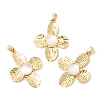 Natural White Shell Pendants, Flower Charms with Brass Settings, Real 18K Gold Plated, 31.5x24.5x3.5mm, Hole: 3x4.5mm