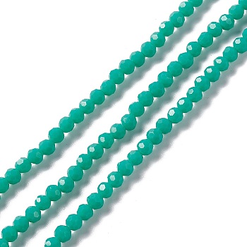 Faceted(32 Facets) Glass Beads Strands, Round, Turquoise, 4mm, Hole: 1mm, about 99~107pcs/strand, 14.09~15.43''(35.8~39.2cm)