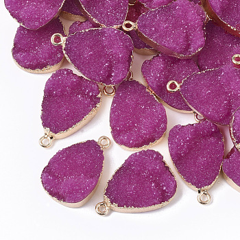 Druzy Resin Pendants, with Edge Light Gold Plated Iron Loops, Teardrop, Medium Violet Red, 26.5x17x8.5mm, Hole: 1.8mm