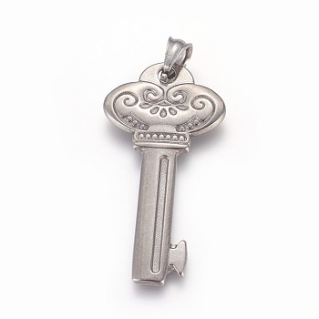 304 Stainless Steel Pendants, Key, Stainless Steel Color, 40.5x21x2mm, Hole: 4.5x5mm