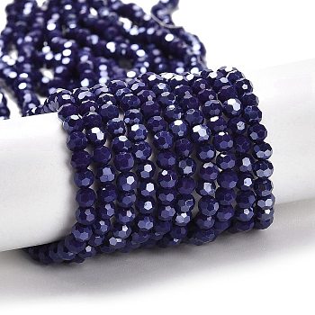 Electroplate Opaque Glass Beads Strands, Faceted(32 Facets), Pearl Luster Plated, Round, Indigo, 4mm, Hole: 0.7mm, about 87~93pcs/strand, 32~33cm