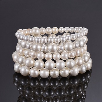 Shell Pearl Stretch Bracelets Sets, Stackable Bracelets, with Burlap Drawstring Bags, Floral White, 2-3/8 inch(6cm), 5strands/set