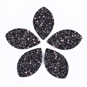 Polyester Fabric Big Pendants, with PU Leather and Double-Sided Glitter Sequins/Paillette, Horse Eye, Black, 61x36.5x3.5mm, Hole: 2mm