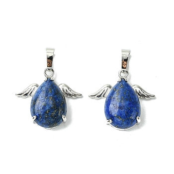Natural Lapis Lazuli Pendants, Teardrop Charms with Rack Plating Platinum Plated Brass Wings, Cadmium Free & Lead Free, Cadmium Free & Lead Free, 22~22.5x24.5x8~9mm, Hole: 7x5mm