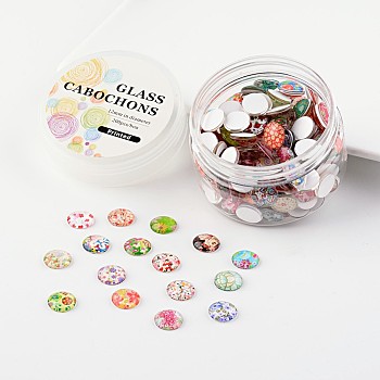 Glass Cabochons, Floral Printed, Half Round/Dome, Mixed Color, 12x4mm, about 180~190pcs/box