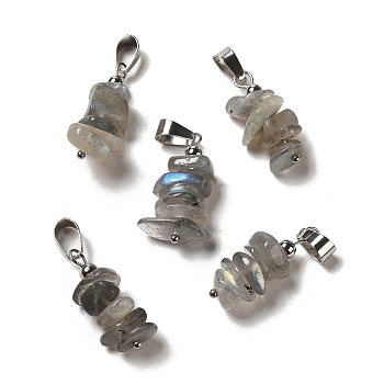 Natural Labradorite Chip Pendants, Lucky Charms with Stainless Steel Color Plated Stainless Steel Snap on Bails, 24~27x11~14x7~10mm, Hole: 7x4mm