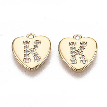 Brass Micro Pave Clear Cubic Zirconia Charms, Nickel Free, Real 18K Gold Plated, Flat Heart, Letter.K, 10x10x1mm, Hole: 1mm