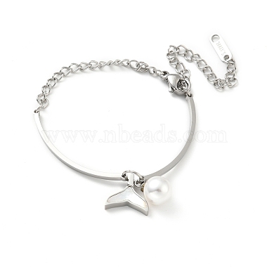 Natural Shell Whale Tail and Imitation Pearl Charm Bracelet(BJEW-G640-03P)-2
