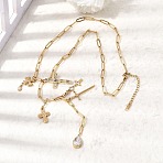 304 Stainless Steel Pave Clear Cubic Zirconia Religion Cross Teardrop Pendant Y Long Tassl Lariat Necklaces for Women, Golden, 17.87 inch(45.4cm)(NJEW-G199-04G)