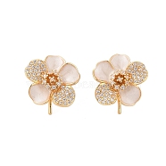 Brass Micro Pave Cubic Zirconia Stud Earrings Findings, with Enamel, for Half Drilled Beads, Flower, Real 18K Gold Plated, 17x16mm, Pin: 0.7x13.5mm(EJEW-B063-02G)