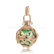 Golden Plated Brass Hollow Round Cage Pendants, with No Hole Spray Painted Brass Beads, Medium Spring Green, 34x25x20mm, Hole: 3x8mm(KK-J246-09G)