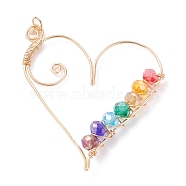 Wire Wrapped Glass Pendants, with Brass Findings, Heart, Light Gold, Colorful, 55x16x6mm, Hole: 3.5mm(PALLOY-JF01321-02)