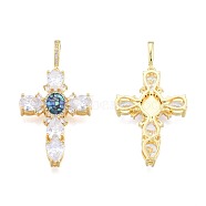 Brass Micro Pave Clear Cubic Zirconia Pendants, with Abalone Shell/Paua Shell, Nickel Free, Real 18K Gold Plated, Cross, Dark Blue, 45.5x30x6.5mm, Hole: 4x7mm(KK-N227-108B)