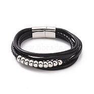 Black Leather Braided Cord Multi-strand Bracelet with 201 Stainless Steel Magnetic Clasps, Round Beaded Punk Wristband for Men Women, Stainless Steel Color, 8-1/2 inch(21.7cm)(BJEW-P275-08P)
