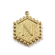 201 Stainless Steel Pendants, Golden, Hexagon with Letter Charm, Letter N, 21x16.5x2mm, Hole: 1.5mm(STAS-R227-01N-G)
