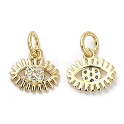 Brass Micro Pave Cubic Zirconia Pendants, with Jump Ring, Lead Free & Cadmium Free, Eye Charm, Real 18K Gold Plated, 9.5x10x1.5mm, Hole: 3.4mm(KK-Q775-05G)