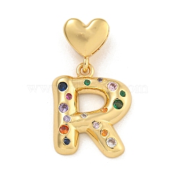 Brass Micro Pave Colorful Cubic Zirconia Pendants, Heart Letter Charms, Real 18K Gold Plated, Letter R, 31mm, Hole: 6x3mm, pendant: 22x17.5x4mm(KK-P281-01G-R)