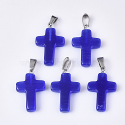 Cat Eye Pendants, with Stainless Steel Peg Bails, Cross, Stainless Steel Color, Blue, 28~30x18x6mm, Hole: 7x3.5mm(G-S358-003B)