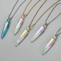 Electroplate Natural Quartz Crystal Perfume Bottle Pendant Necklaces, with 304 Stainless Steel Box Chains and Plastic Dropper, Faceted, Bullet, Mixed Color, 27.75 inches(70.5cm), Bottle Capacity: 2ml(0.06 fl. oz)(NJEW-I239-01)