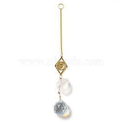 Wire Wrapped Nuggets Natural Quartz Crystal Pendant Decorations, Brass Rhombus and Glass Round Tassels Hanging Ornaments, 245mm, Hole: 11mm(HJEW-C008-01A-G)